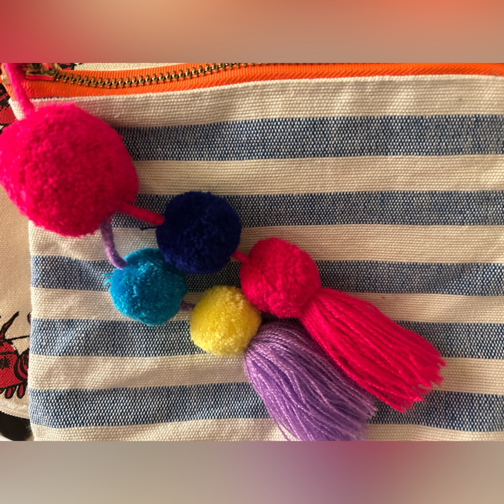 Anthropologie Clutch bag Cotton Blue Bone Stripes Red Yellow Blue Pom Pom Tassel